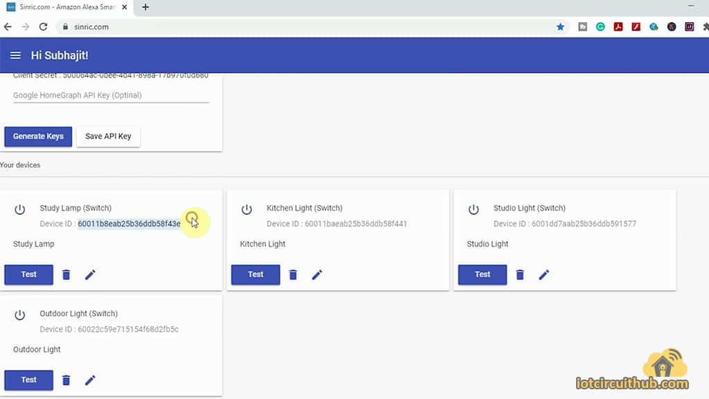 add multiple devices in the Sinric dashboard