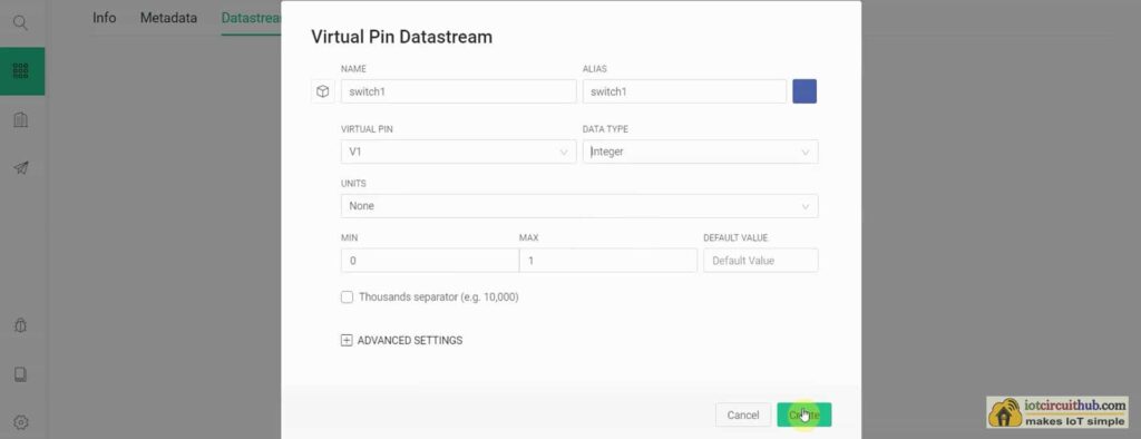 Set up the Virtual Pin Datastream in Blynk IoT