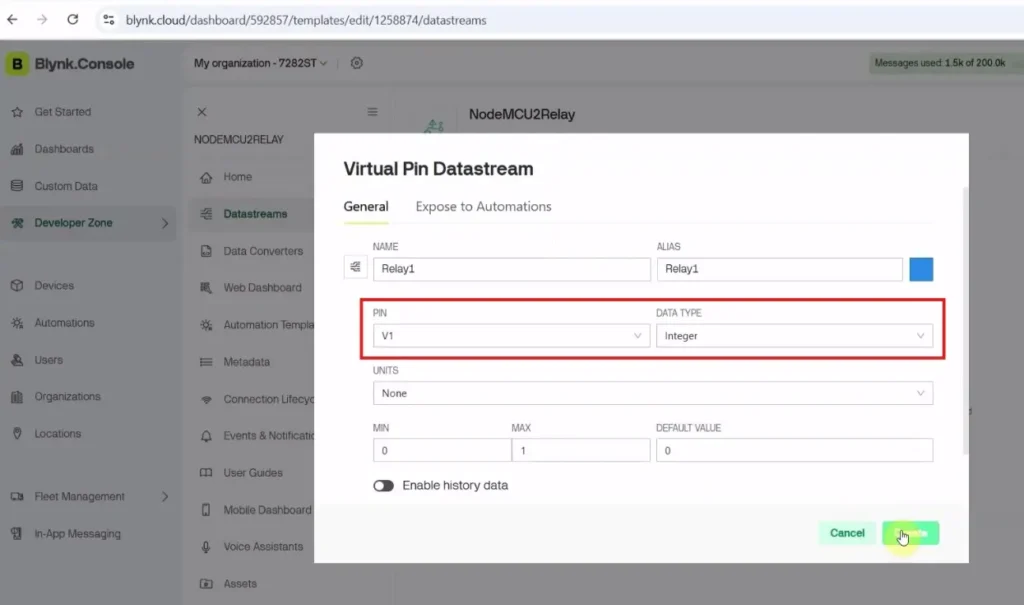 Create Datastreams in the Blynk IoT template