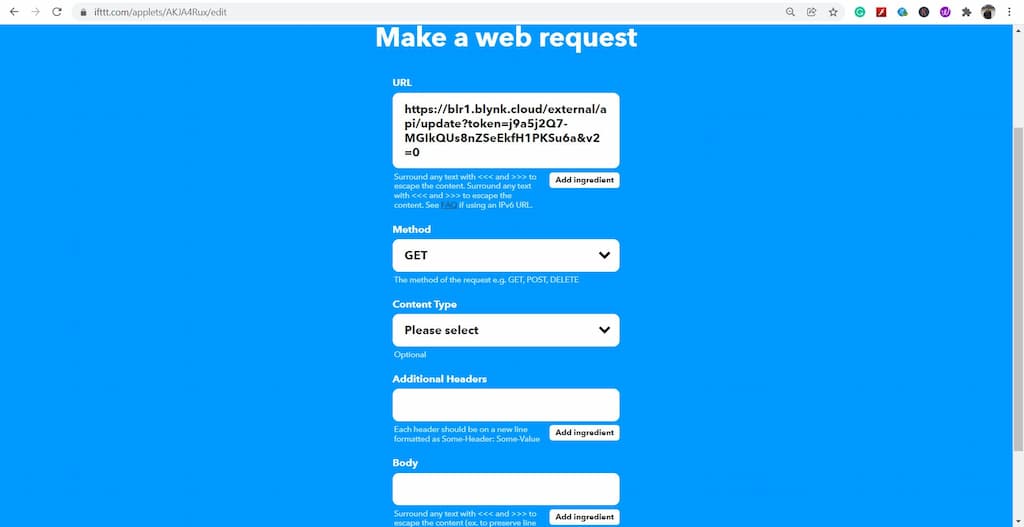 IFTTT Webhooks action step 4