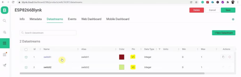 Blynk Datastreams