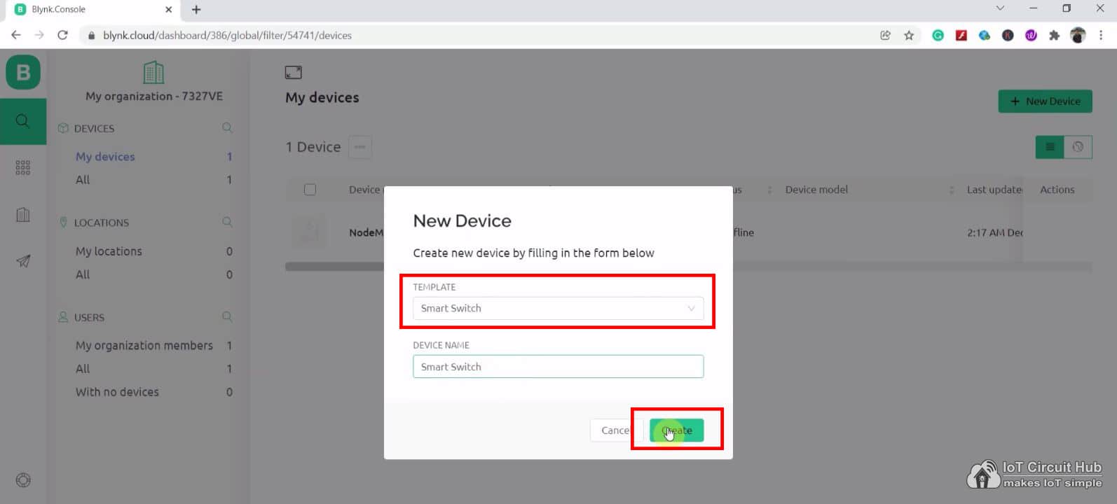 Add Device in Blynk Cloud using Template IotCircuitHub