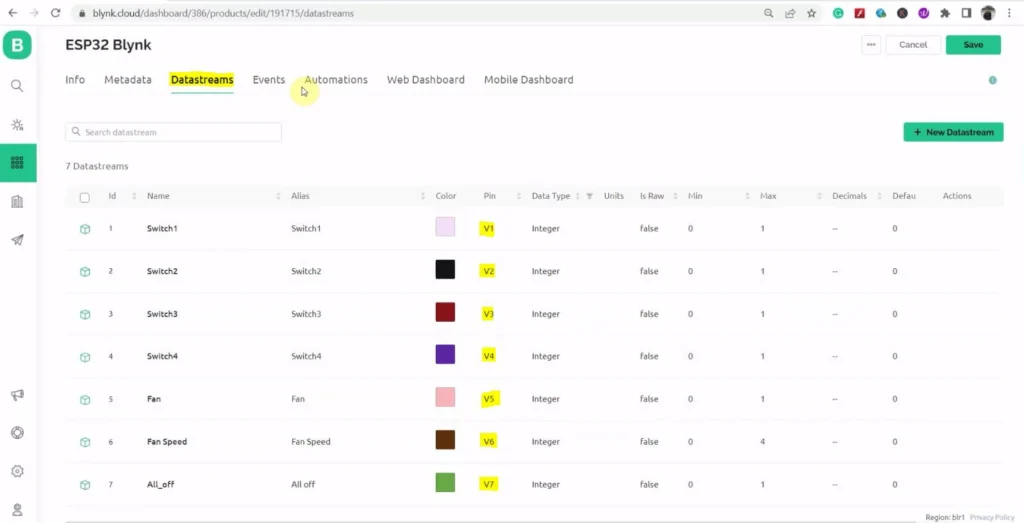 Create Datastreams in Blynk Cloud