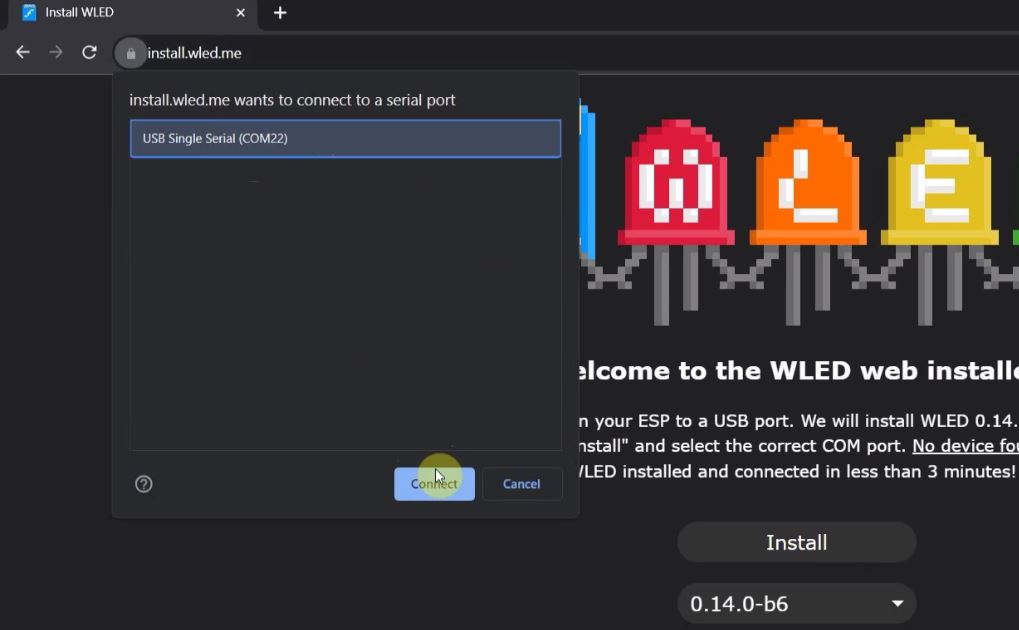 Select the COM port for the ESP32