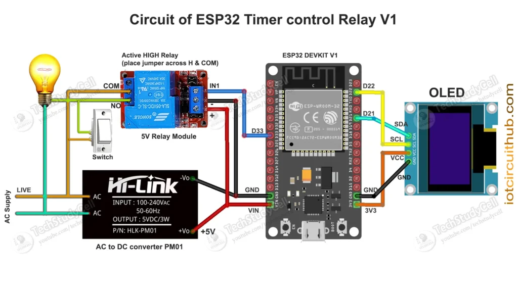 Circuit of the ESP32 RTC Timer Relay with switch