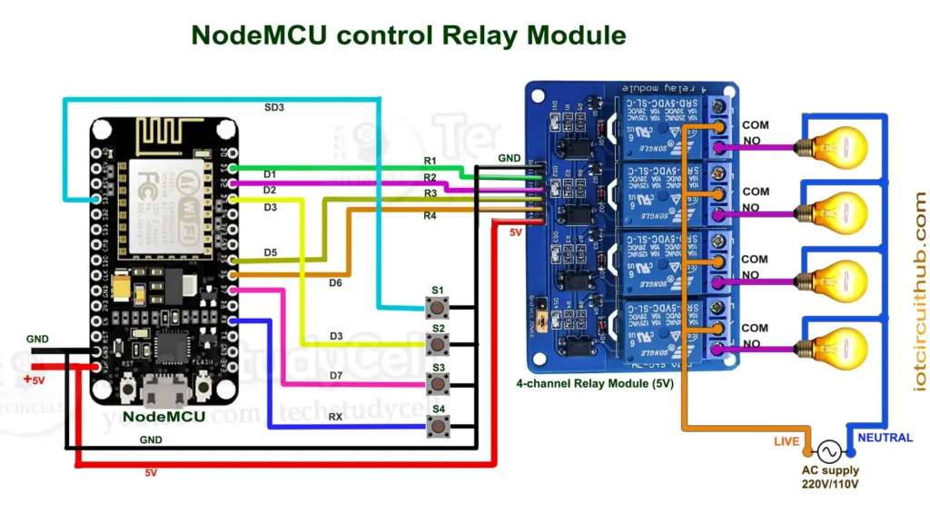 Circuit NodeMCU 4 realy button Circuit of the ESP8266 NodeMCU control Relays